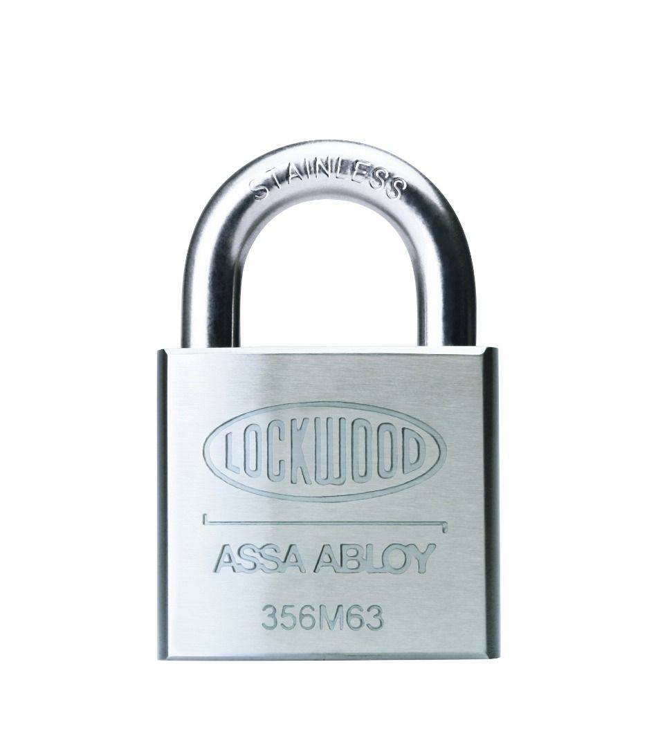 356M 63MM S/STEEL BODY PADLOCK D/LOCKING STAINLESS STEEL with 11mm shackle and double ball deadlocking, ideal for high-security applications.