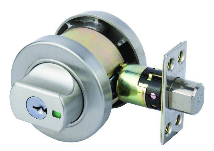 PARADIGM DEADBOLT ROUND ROSE UNIVERSAL PACK featuring a sleek stainless steel finish, key lock mechanism, and durable construction for secure locking.