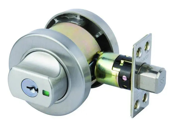 PARADIGM DEADBOLT ROUND ROSE UNIVERSAL PACK featuring a sleek stainless steel finish, key lock mechanism, and durable construction for secure locking.