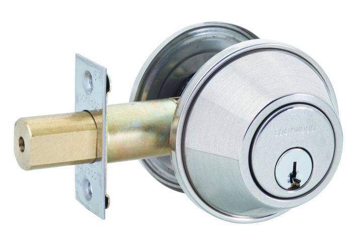 SYMMETRY DEADBOLT DOUBLE CYLINDER TP in a brushed metal finish, featuring a durable design with a keyhole on both sides for enhanced security.