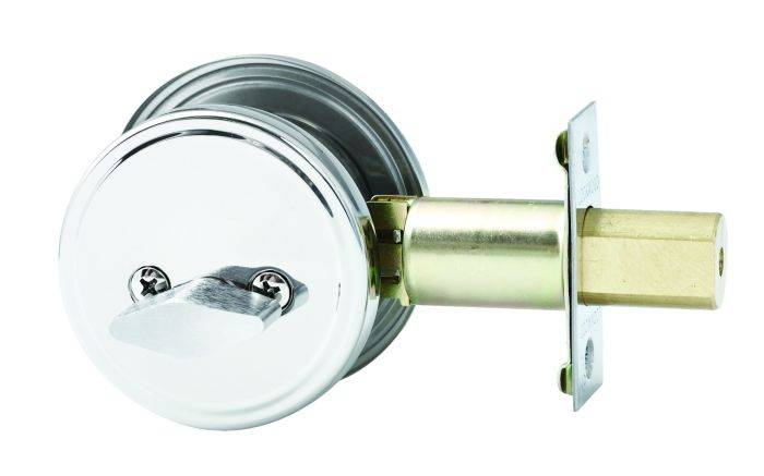 SYMMETRY DEADBOLT SINGLE CYLINDER TP with polished chrome finish, featuring a durable latch mechanism for secure locking. Ideal for residential and commercial use in the hardware category.