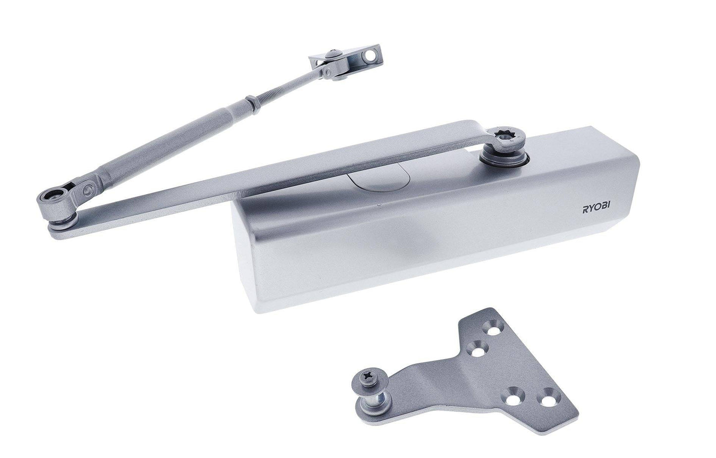 Ryobi D2550 Series delayed action fire rated door closer with slide arm in silver finish, suitable for 30kg - 85kg doors, boxed hardware set.