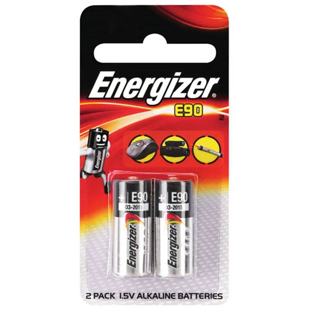 Energizer E90 Batteries - Mini Alkaline Pack of 2 in retail packaging, 1.5V ideal for Bluetooth headsets and glucose monitors.