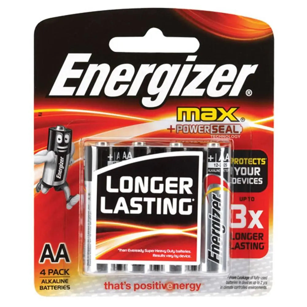 Energizer AA Batteries - Alkaline Pack | 1.5V, No-Leak, 4 Pack in retail blister packaging with PowerSeal technology and up to 3x longer life.