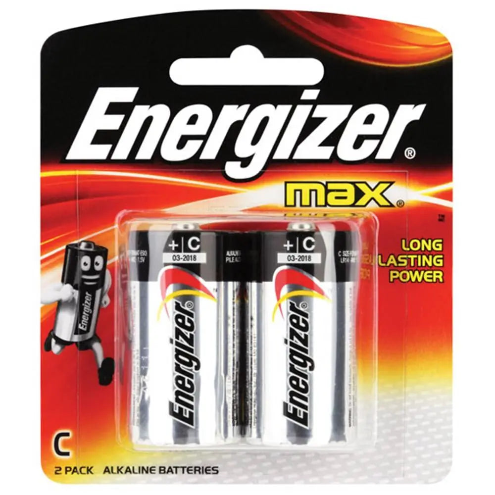 Energizer C Battery - Alkaline 1.5V Pack of 2 in standard blister packaging. Features long-lasting power and no-leak guarantee for electronics use.