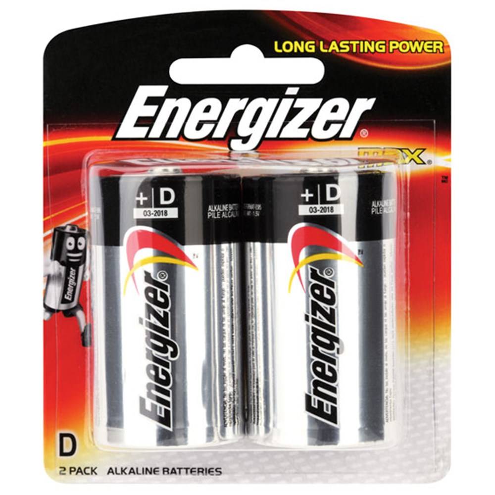Energizer D Battery - 1.5V Alkaline pack of 2 in retail packaging, featuring long-lasting power and no-leak design for electronics use.