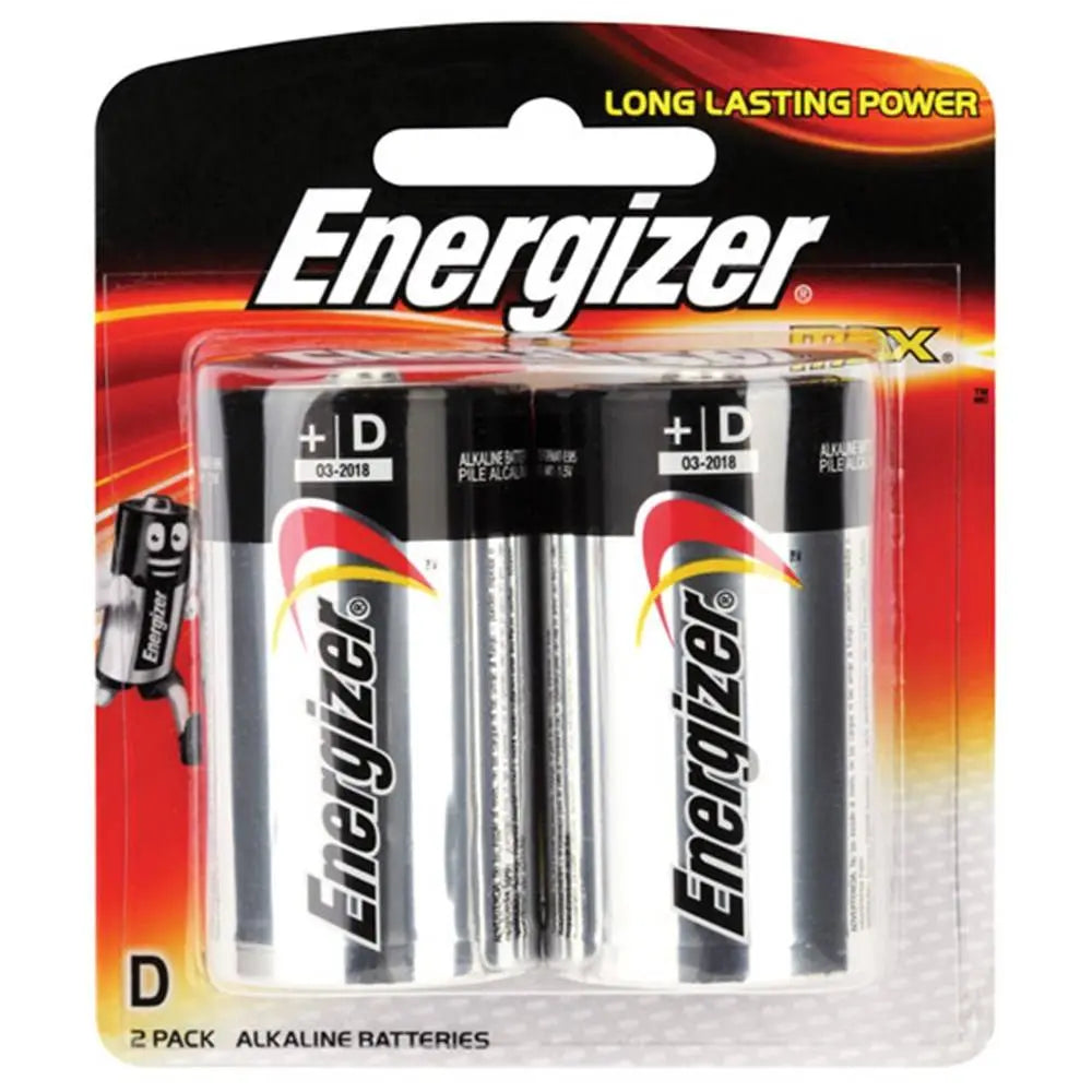 Energizer D Battery - 1.5V Alkaline pack of 2 in retail packaging, featuring long-lasting power and no-leak design for electronics use.