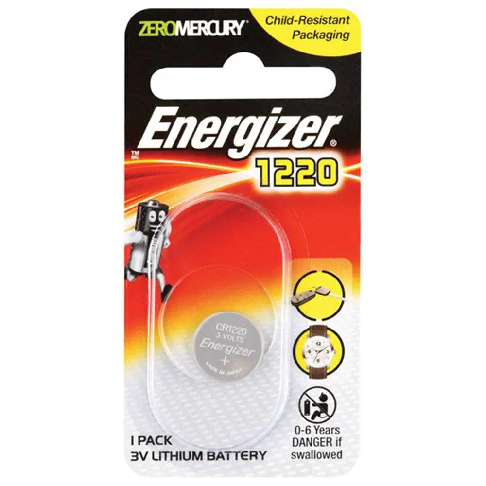 Energizer CR1220 Coin Cell - Battery | 3V Lithium, Pack of 1 in child-resistant retail packaging. Ideal for electronics and safe for households.