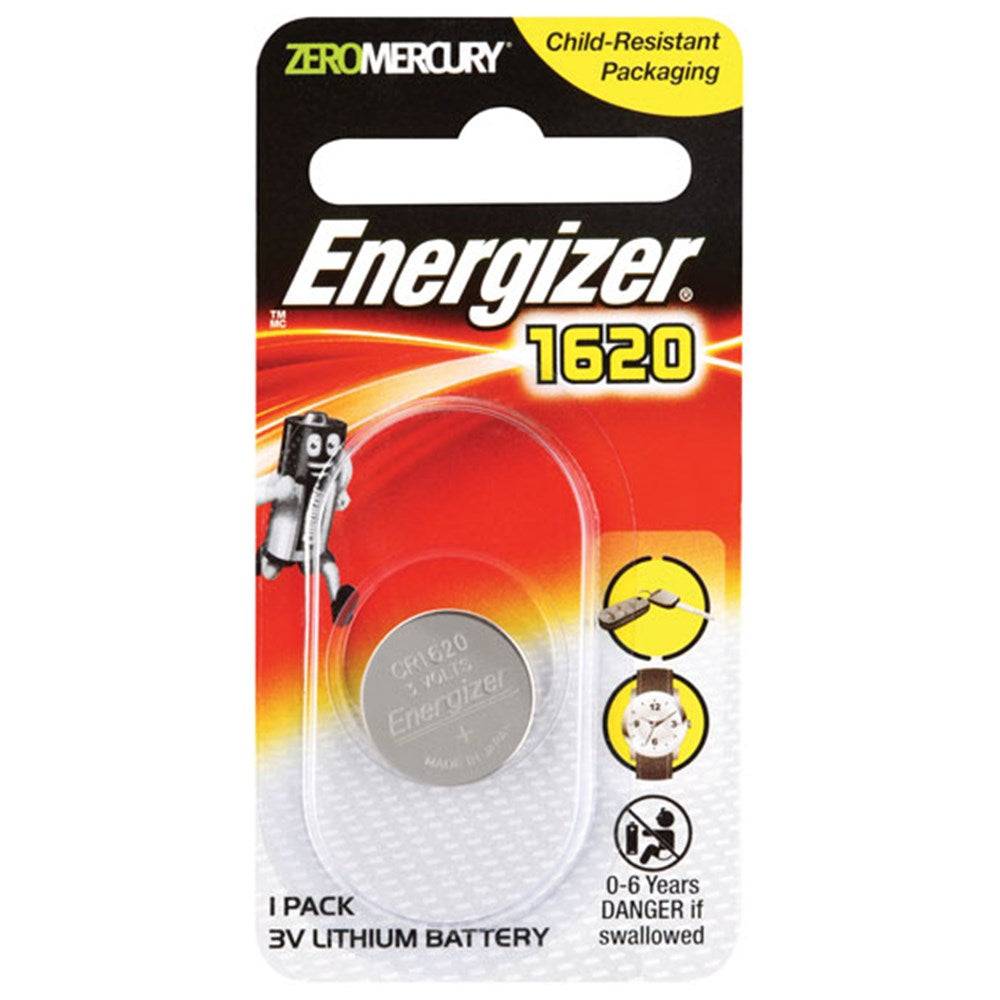 Energizer CR1620 3V coin cell lithium battery in child-resistant retail packaging, ideal for electronics with 5-year shelf life and zero mercury.