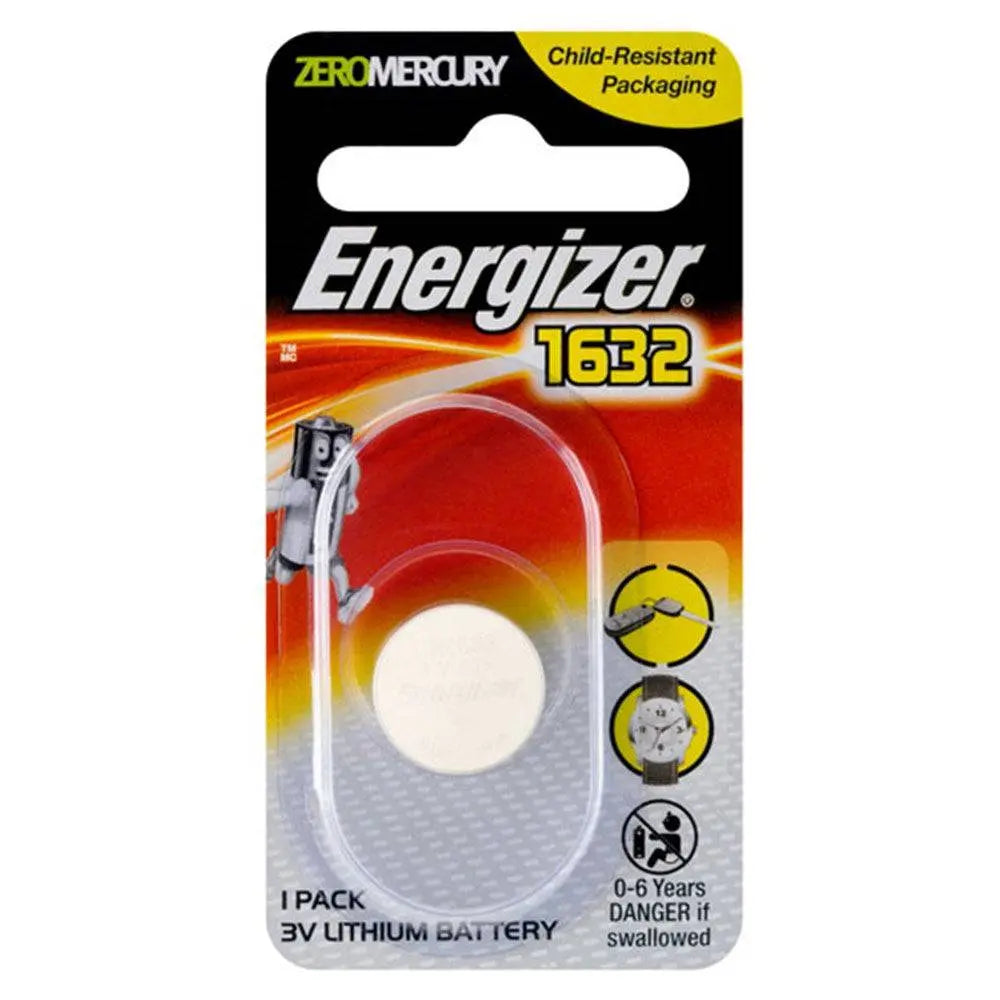Energizer CR1632 Lithium Battery - Coin Cell 3V in child-resistant packaging, ideal for electronics and safe for households with kids.