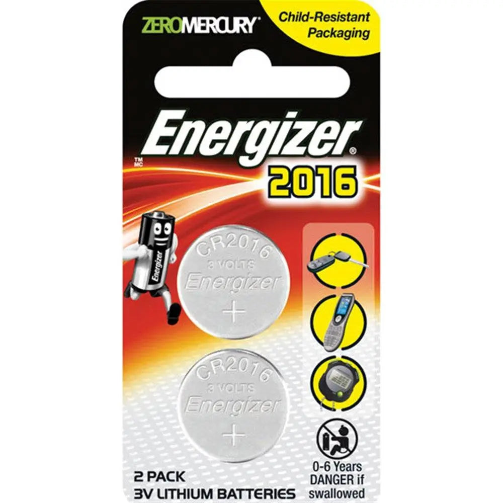 Energizer CR2016 coin cell batteries 3V pack of 2 with child-resistant packaging, ideal for remotes, key fobs, and small electronics.