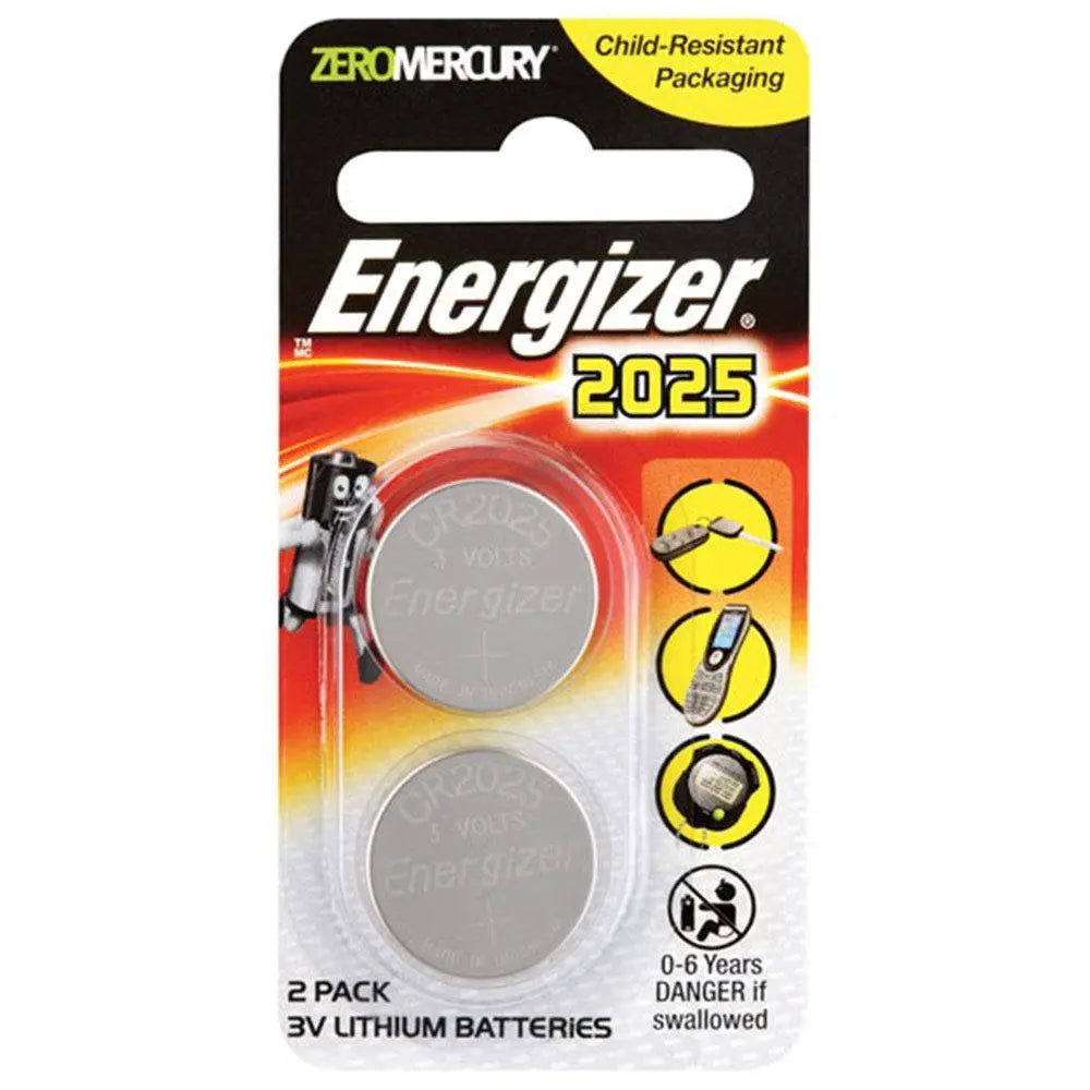 Energizer CR2025 3V coin cell lithium battery pack of 2 in child-resistant packaging, ideal for electronics and small devices.