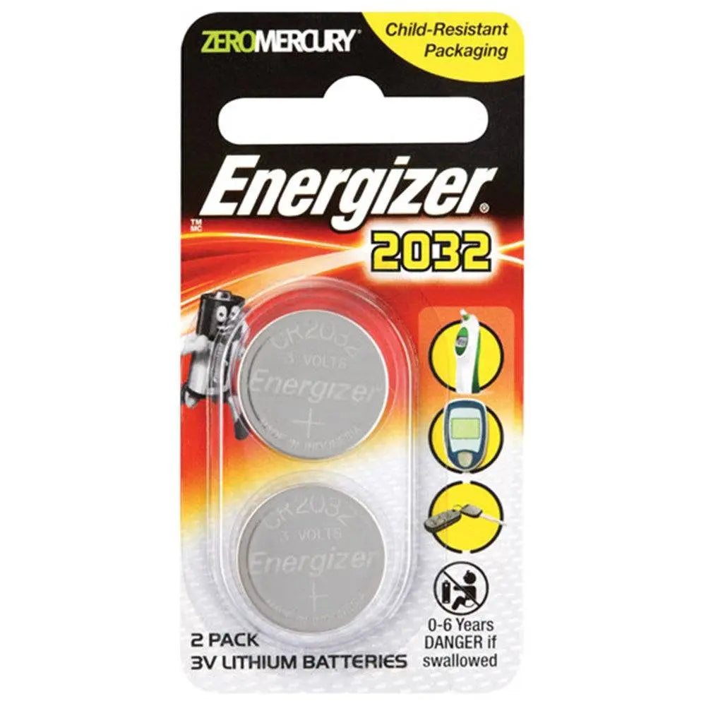Energizer CR2032 3V Coin Cell - Lithium Battery | 2 Pack in child-resistant retail packaging, ideal for watches, remotes, and medical devices.