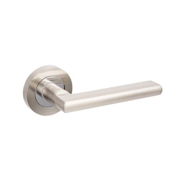 Epic Lever Set in brushed nickel finish, featuring a sleek and modern design for residential doors. Ideal for contemporary door hardware needs.