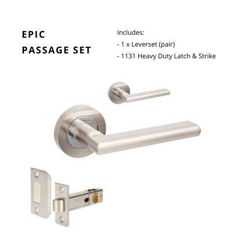 Epic Passage Set with 1131 Heavy Duty Latch-BN, featuring a sleek residential leverset in brushed nickel finish. Ideal for modern door hardware needs.