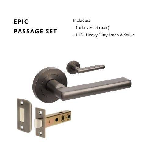 Epic Passage Set with 1131 latch-gn, featuring a sleek residential leverset in a modern design, includes latch and strike hardware.