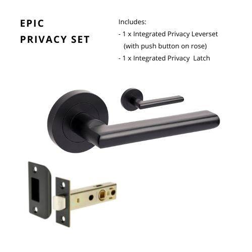 Epic Privacy Set in black finish, includes integrated privacy leverset with push button on rose and privacy latch. Ideal for residential doors.