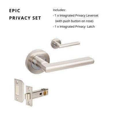Epic Privacy Set with integrated privacy kit in brushed nickel finish, featuring a modern residential leverset and privacy latch.