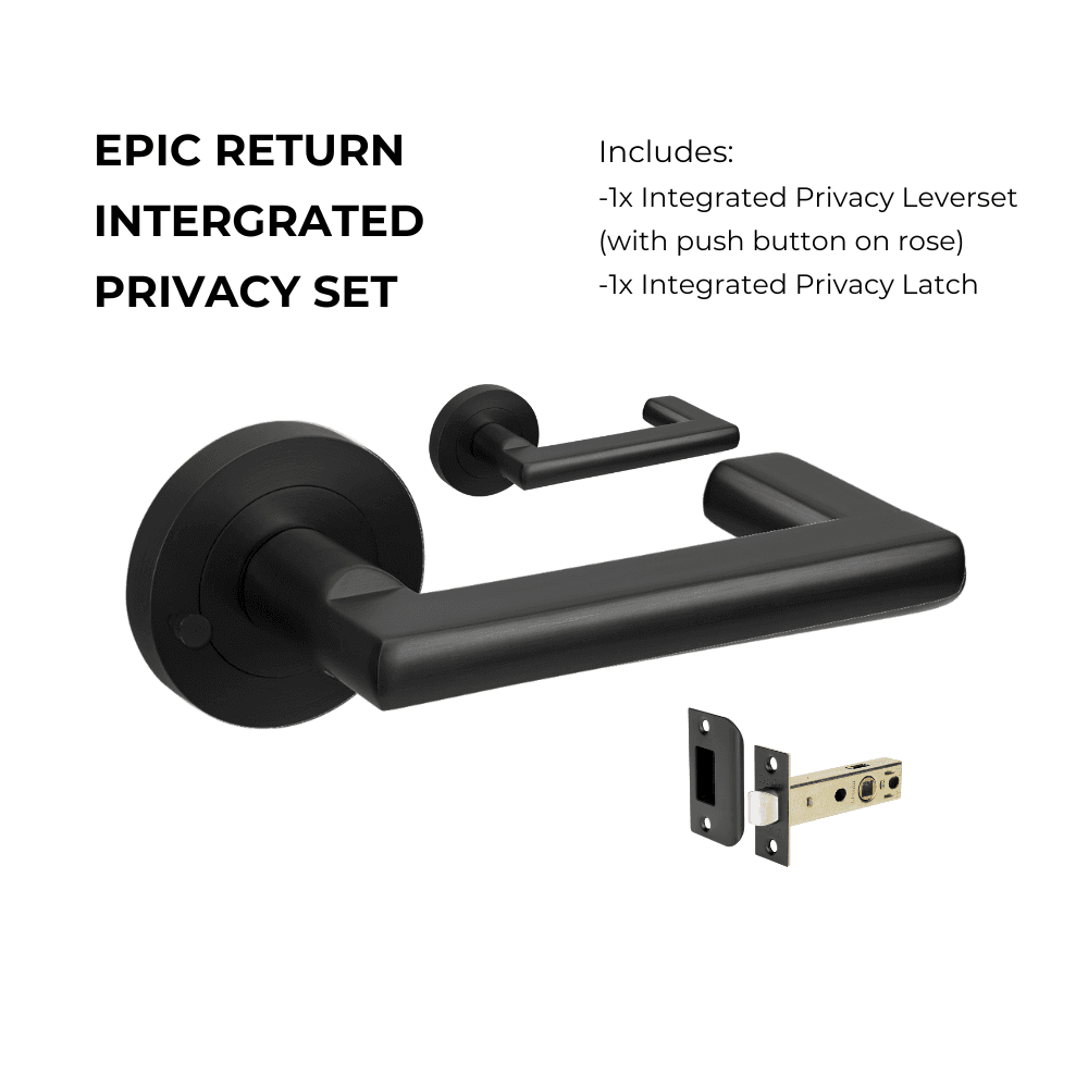 Epic Return Privacy Set, Includes Integrated Privacy Kit-10002.BLK, black residential leverset with push-button privacy latch and mounting hardware.