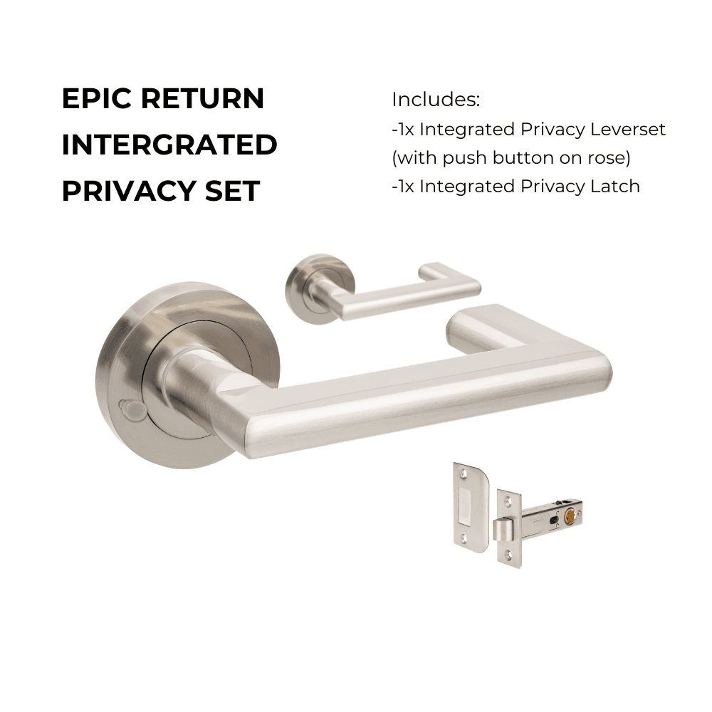 Epic Return Privacy Set with brushed nickel finish, includes lever handle, integrated privacy latch, and push button on rose.