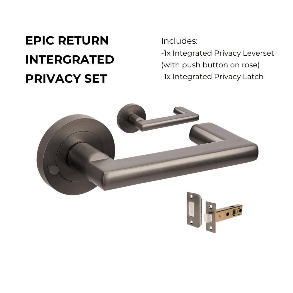 Epic Return Privacy Set with integrated privacy kit, featuring a sleek residential leverset in a modern finish, includes latch and push button.