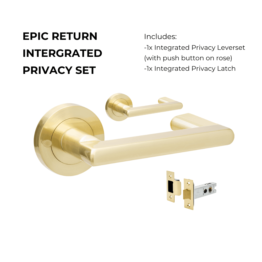 Epic Return Privacy Set with integrated privacy kit, featuring a sleek gold residential leverset and privacy latch for doors.