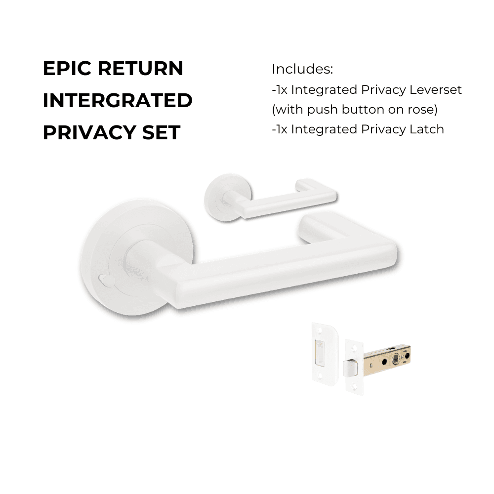 Epic Return Privacy Set, Includes Integrated Privacy Kit-10002.WHT, featuring a white residential leverset with push button on rose and integrated privacy latch.
