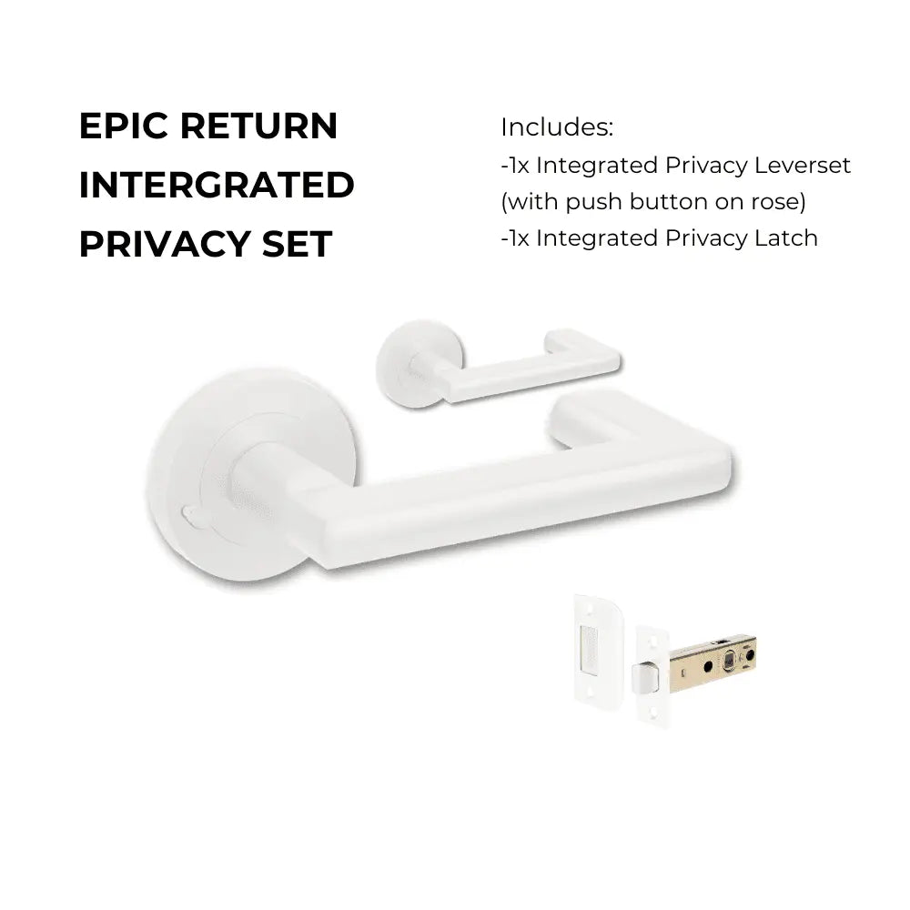 Epic Return Privacy Set, Includes Integrated Privacy Kit-10002.WHT, featuring a white residential leverset with push button on rose and integrated privacy latch.