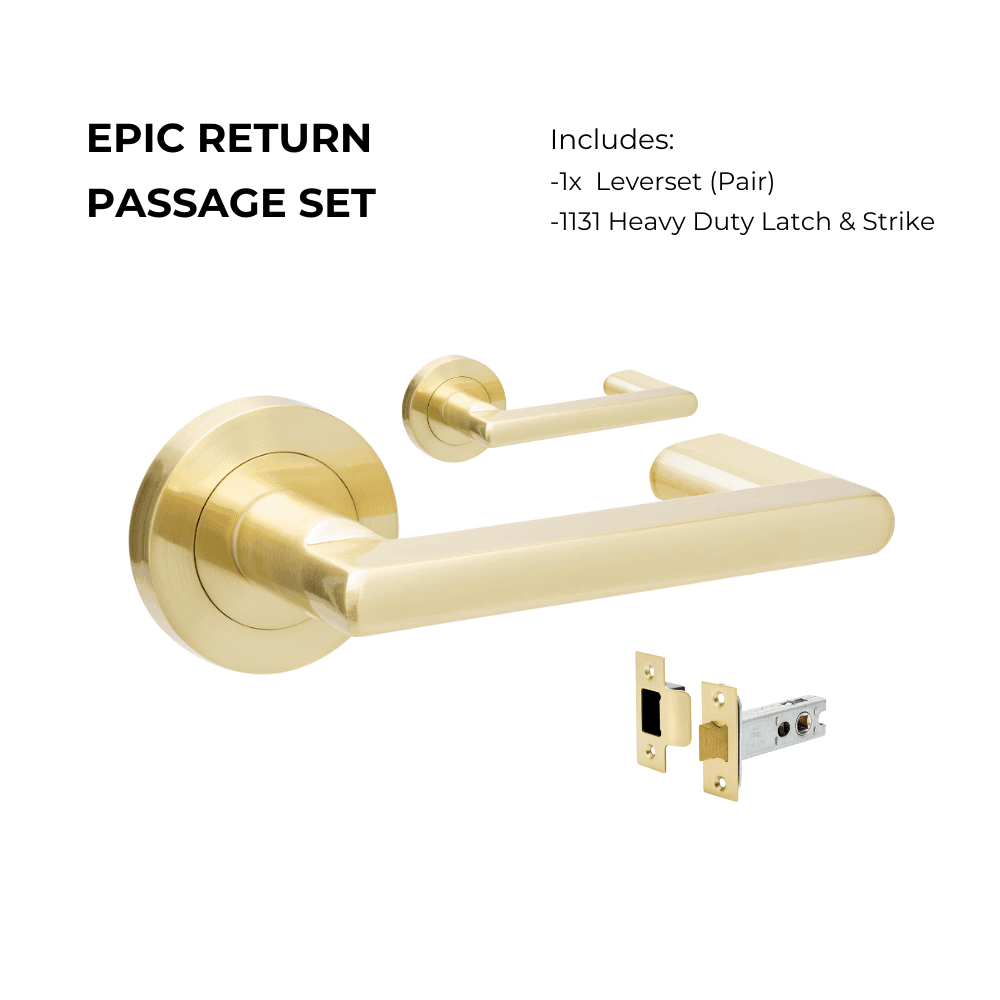 Epic Return Passage Set with a sleek brass finish, includes a pair of levers and 1131 heavy-duty latch and strike for residential doors.