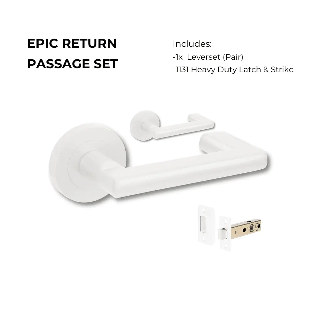 Epic Return Passage Set in white finish, featuring a pair of lever handles and 1131 heavy-duty latch and strike for residential doors.