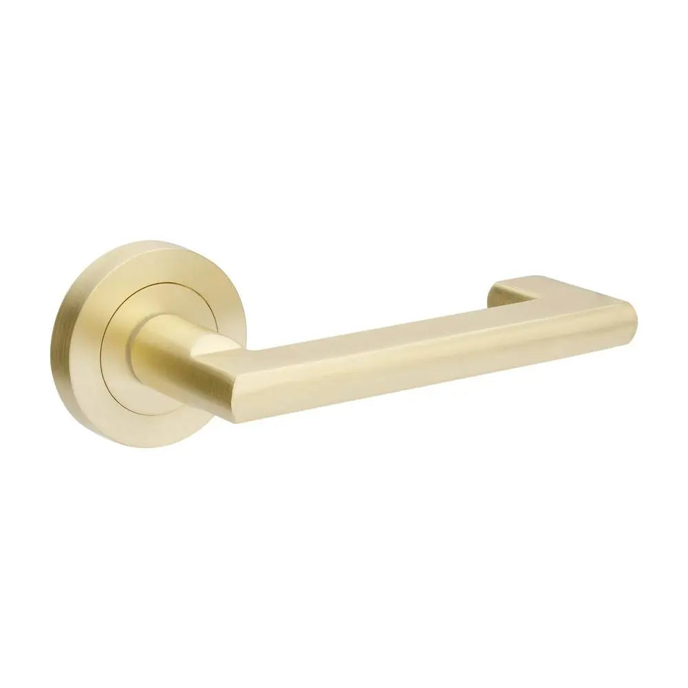 Epic Return Entrance Set with brushed brass finish, featuring a sleek 70mm key/key lever design for residential doors. Includes models 10000, 1143, 7020.2, and 1147 for durable and stylish door hardware.
