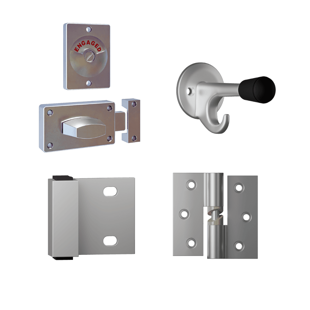 Ready to Go Essential Kit Non-Concealed Fix with diecast zinc indicator bolt, door stop, lock, hook, and hinges for toilet partition installation.