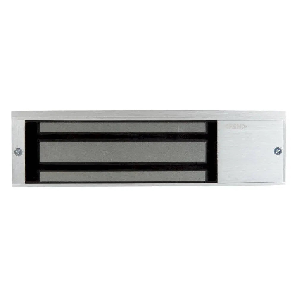 Front view of FSH FEM6600M 580kg Maglock - Monitored Fire Rated, showcasing dual voltage compatibility and 2-hour fire resistance for high-security use.