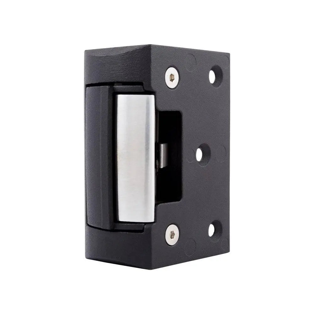 FSH FES15M Electric Strike - Door Latch with black rim mount housing and stainless steel faceplate. Fire rated and suitable for rim dead latches.