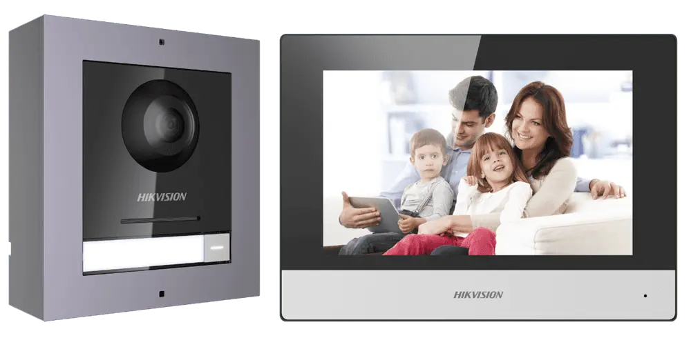 Hikvision IP Video Intercom Kit with DS-KD8003-IME1 outdoor station and 7-inch DS-KH6320-WTE1 indoor monitor, ideal for home security.