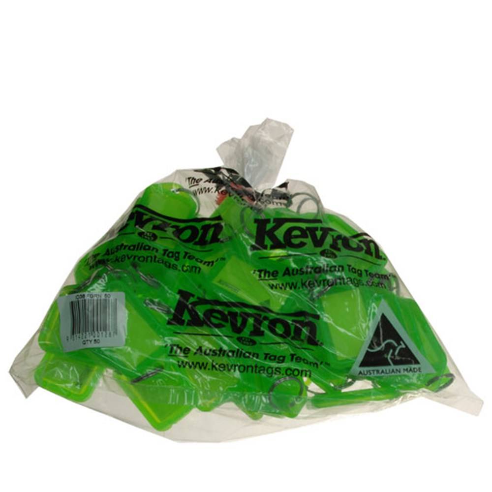 Kevron Clicktag ID38 Fluro green key tags in bulk 50-pack. Fluorescent green tags for efficient labeling in office or home use.