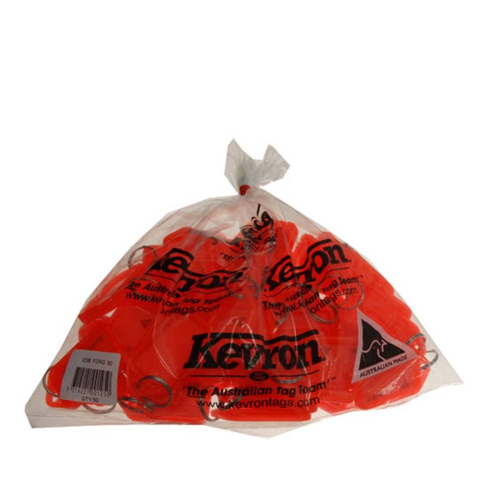 Kevron Clicktag ID38 Fluro orange key tags in a sealed 50-piece pack. Bright orange tags for easy identification and key organization.