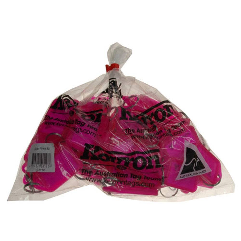Kevron Clicktag ID38 Fluro pink key tags in a 50-pack. Fluorescent pink clicktags perfect for labeling keys and office supplies.