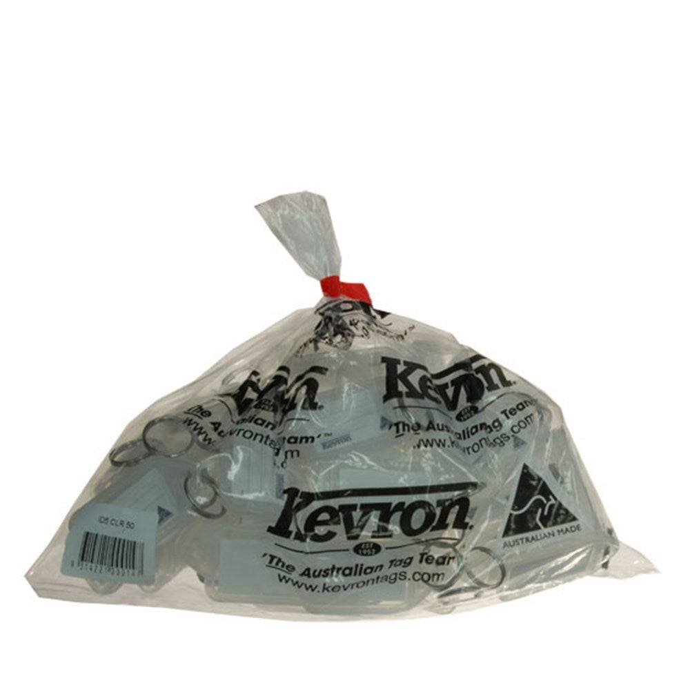 KEVRON CLICKTAG ID5 - Tag Variety | Clear key tags, 50 Pack with 37x21mm inserts and 19mm rings for office or home labeling needs.