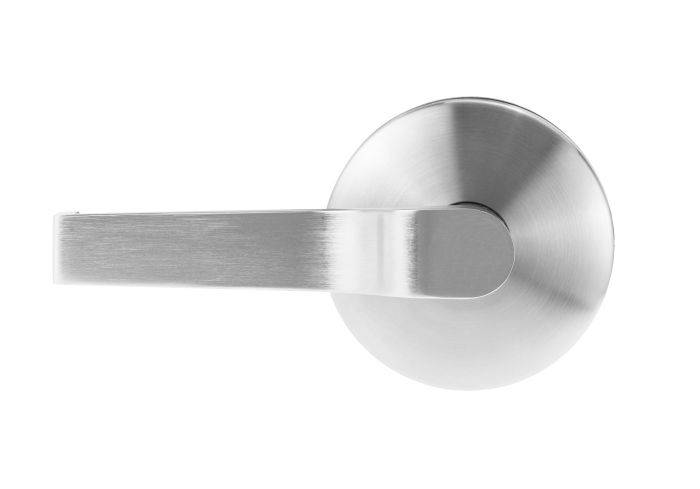 LOCKWOOD ENABLE CYLINDRICAL AS1428.1 key in lever passage set in brushed stainless steel finish, 70mm TP design for residential use.