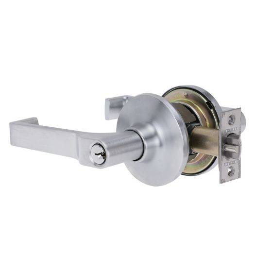 KEY IN LEVER AS1428.1 CLASSROOM SET ADJUSTABLE 60/70MM TP residential leverset with a sleek silver finish, suitable for classroom doors. Features an adjustable latch mechanism for 60mm or 70mm backsets.