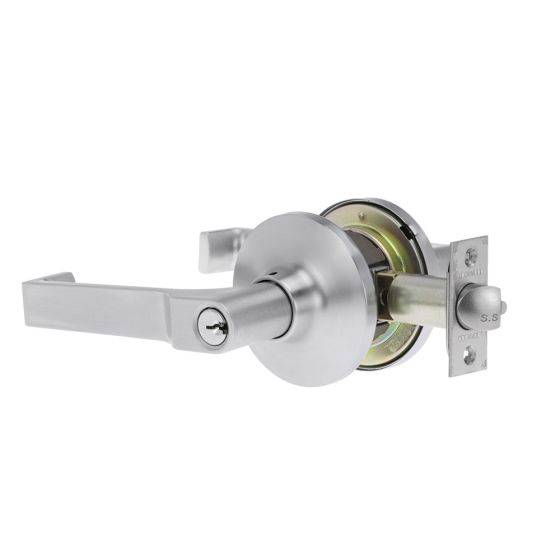 KEY IN LEVER AS1428.1 STOREROOM SET ADJUSTABLE 60/70MM TP residential leverset with sleek silver finish, designed for storeroom doors, featuring adjustable latch for 60mm or 70mm backset.