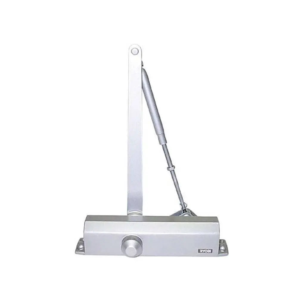 Ryobi D1500 Series fire rated and non fire rated 80kg door closer in silver with universal hold open, boxed for hardware installation