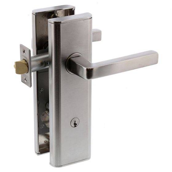 NEXION VISION MECHANICAL LEVER 1 residential leverset in stainless steel finish, featuring a sleek modern design with a keyhole and latch mechanism.