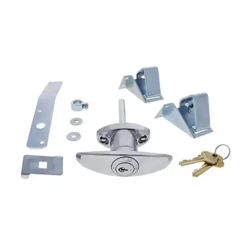 TILT DOOR SPARES KIT NO HANDLE - LENLOK Harry's Door Hardware with lock cylinder, brackets, keys, and mounting parts for garage tilt doors