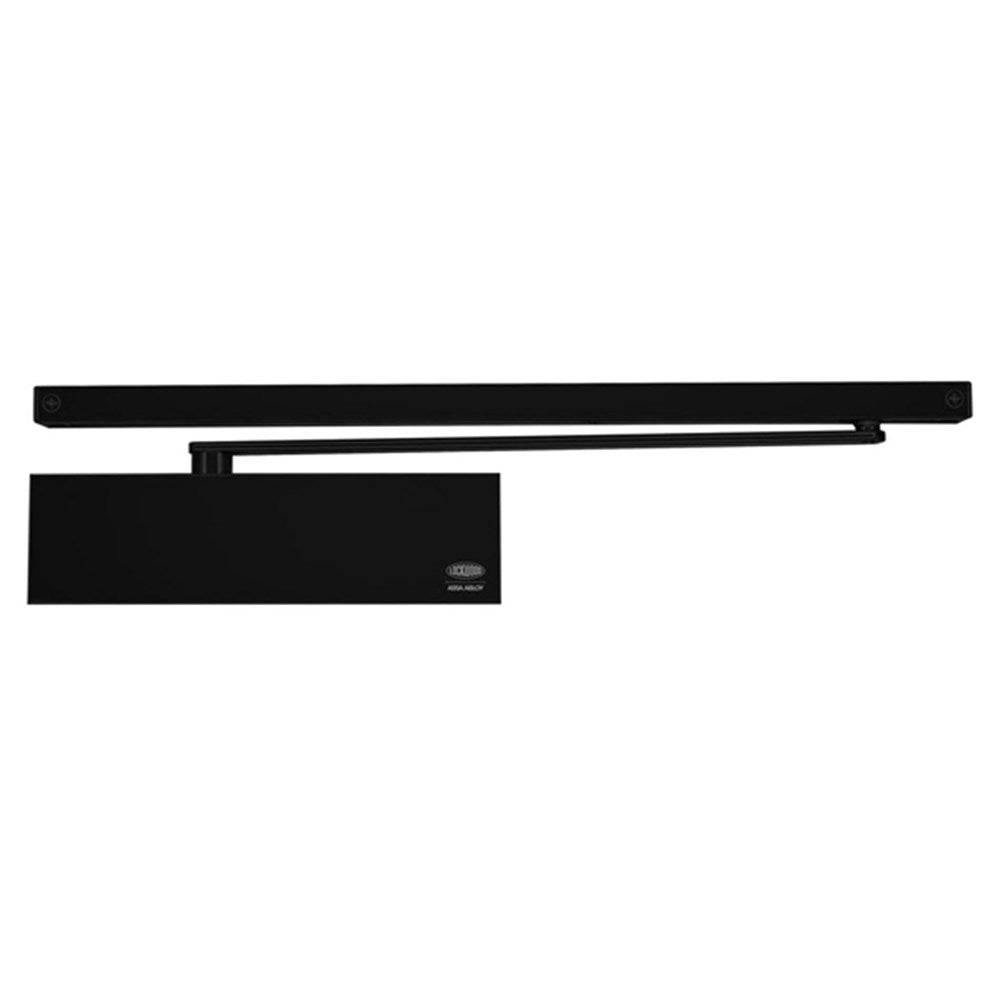 726 SERIES SIZE 2-6 P/A DC clip-on cover door closer with adjustable backcheck in black finish, ideal for door hardware applications.