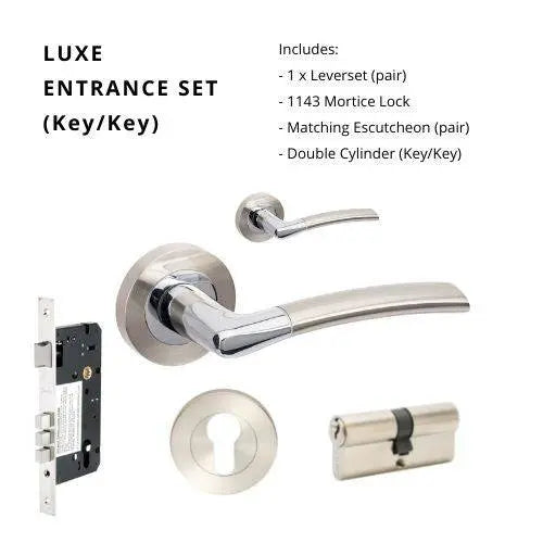 Luxe Entrance Set featuring a sleek residential leverset with 10010, 1143 mortice lock, 7020.2 escutcheon pair, and 1147 double cylinder (70mm Key/Key). Ideal for modern door hardware needs.