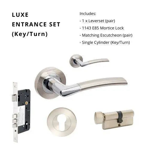 Luxe Entrance Set featuring a sleek residential leverset with 10010, 1143, 7020.2, and 1122 components, including a 60mm key/turn cylinder.