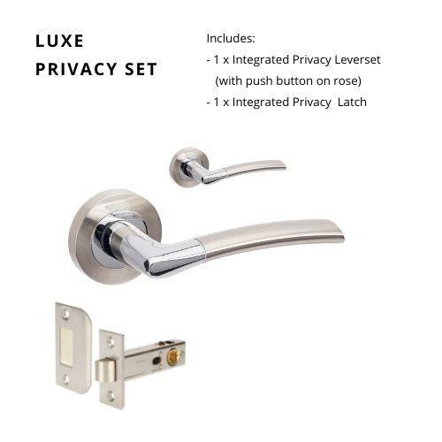 Luxe Privacy Set featuring a sleek residential leverset with integrated privacy kit, including a push-button rose and privacy latch.