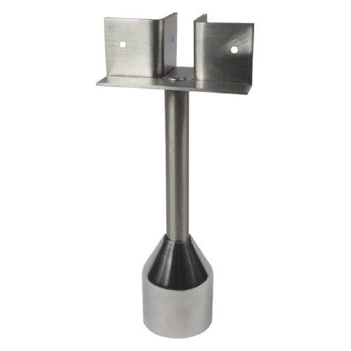 Lenlok M122 toilet partition leg with 150MM height and T bracket fixing in satin stainless steel for commercial restroom stalls.